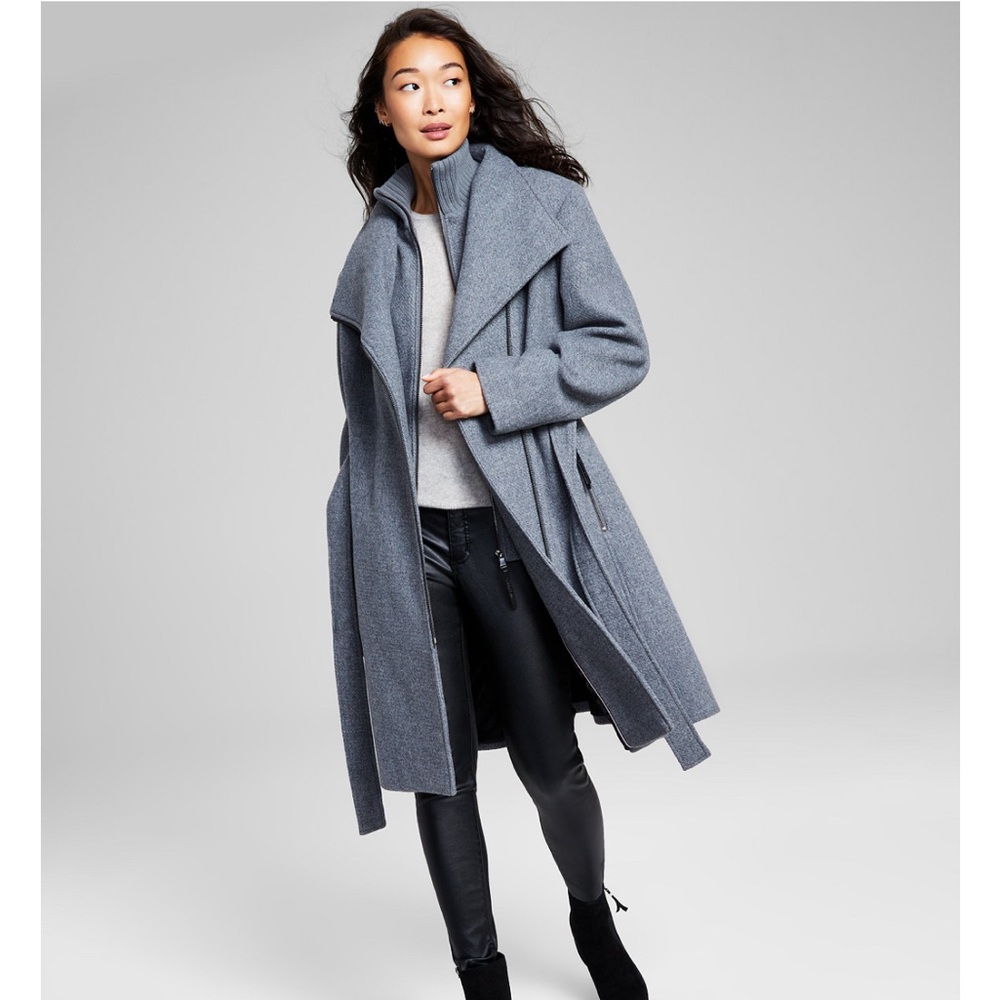 Calvin Klein Women’s Wool Blend Belted Wrap Coat grey - Picture 2 of 6